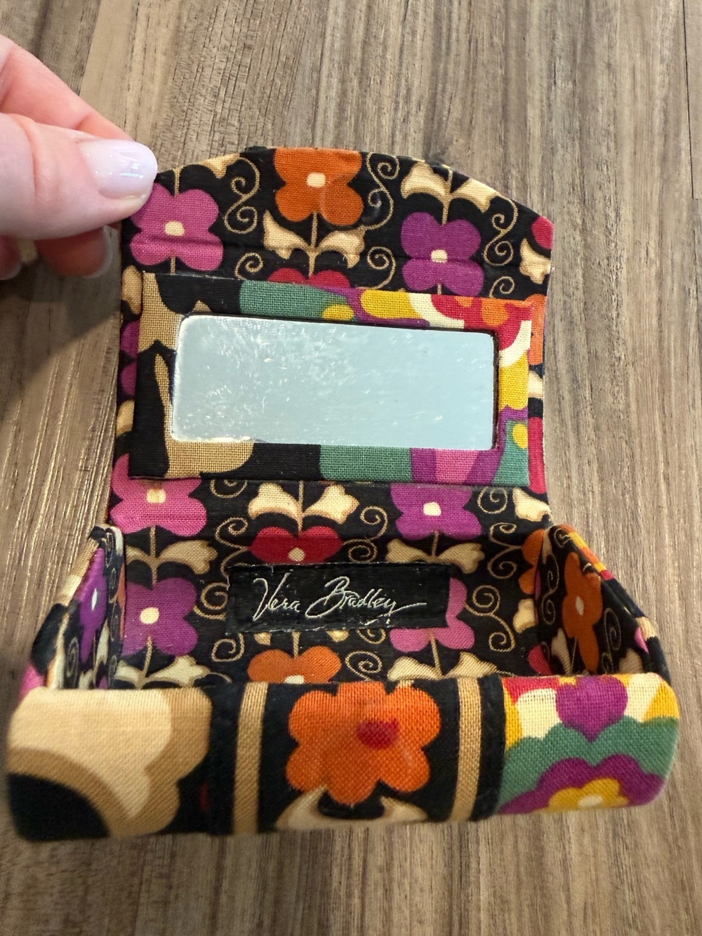 Vintage Vera Bradley Black Floral Fabric Compact Mirror Lipstick Case